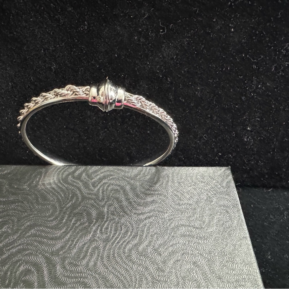 Silver Rope Style Sparkling Engraved Rope Design Bangle Bracelet - Picture 3 of 6